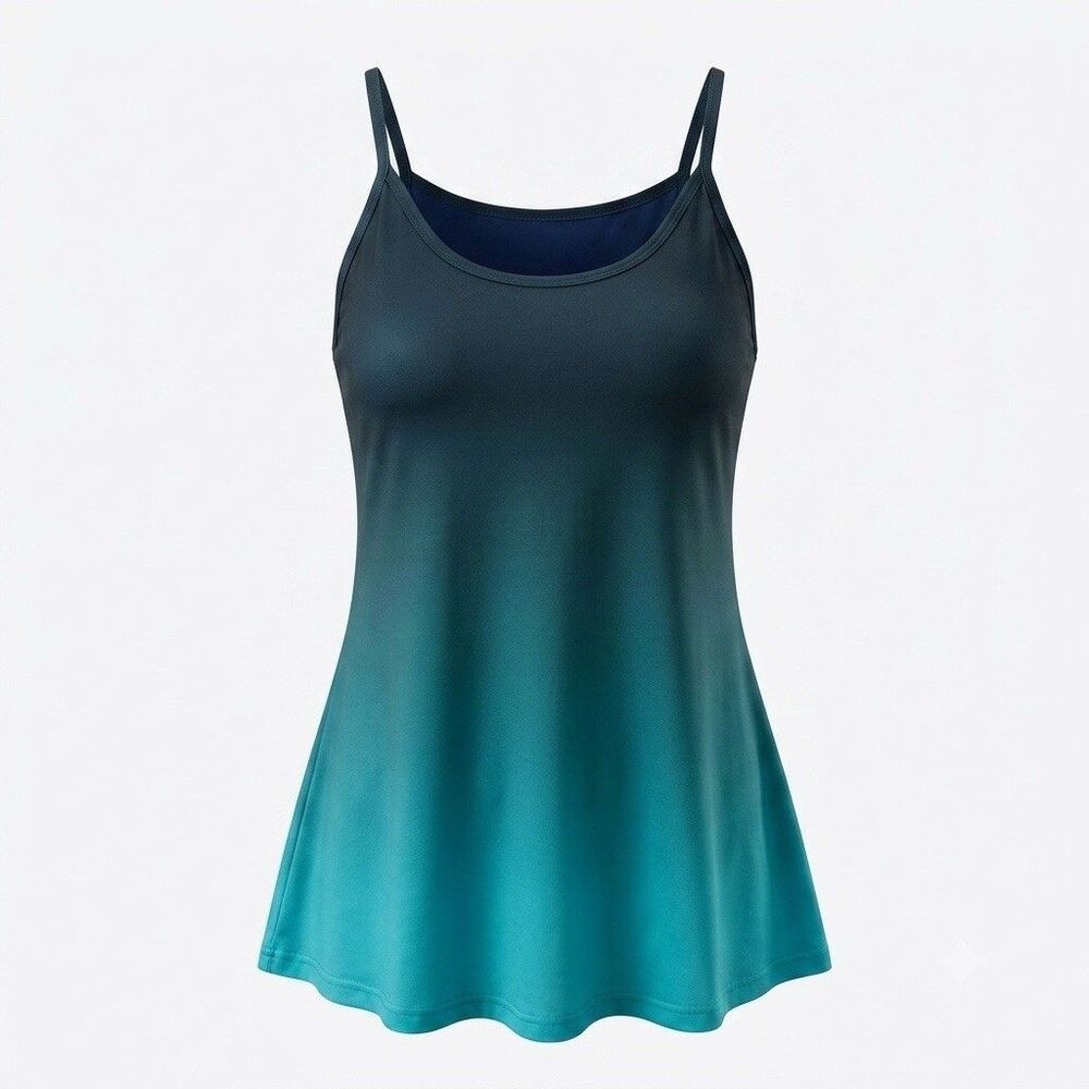 Womens Teal Ombre Tank Top Size XL Black Gradient Flared Cami Strappy Blouse NEW